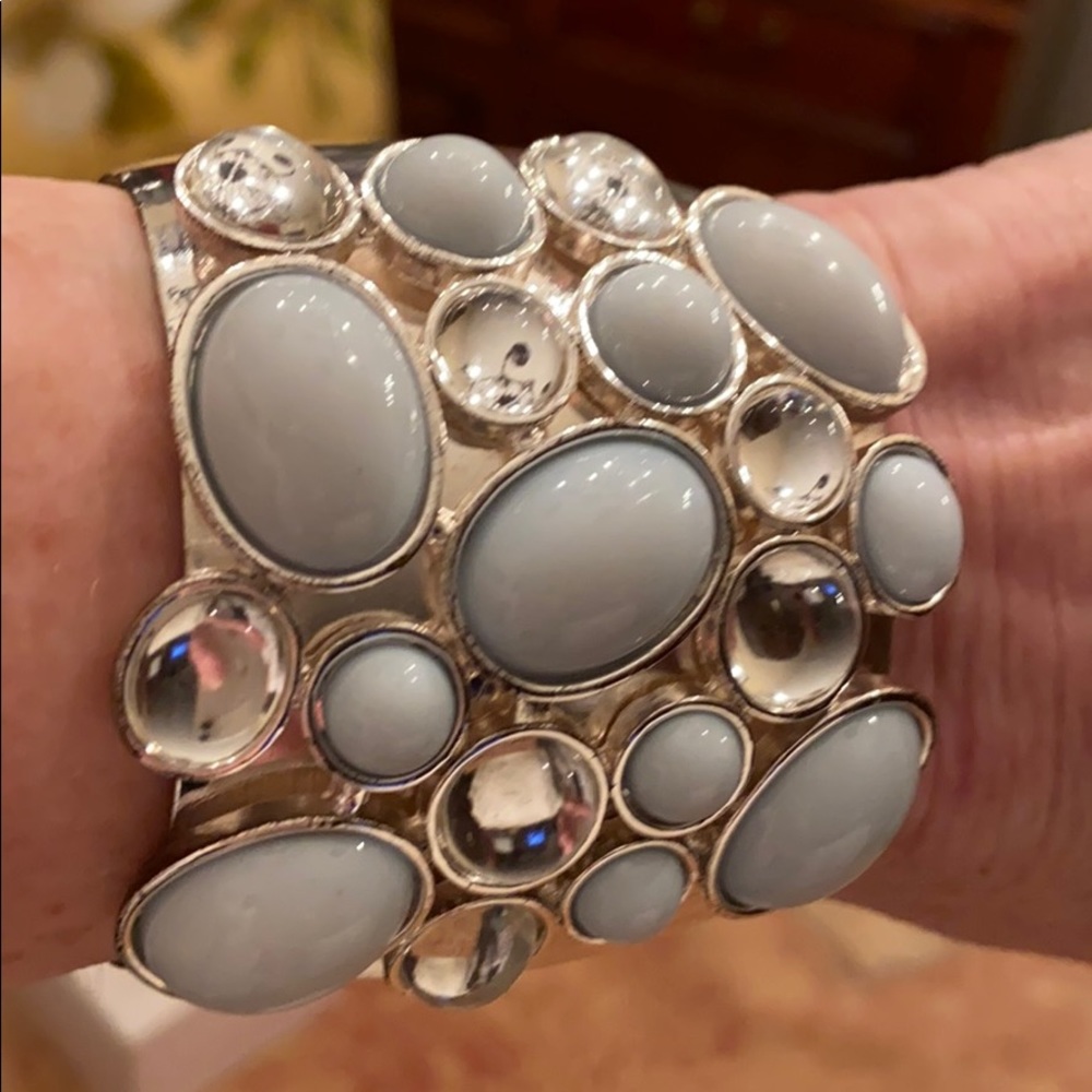 Silver cuff bracelet with blue and crystal stones